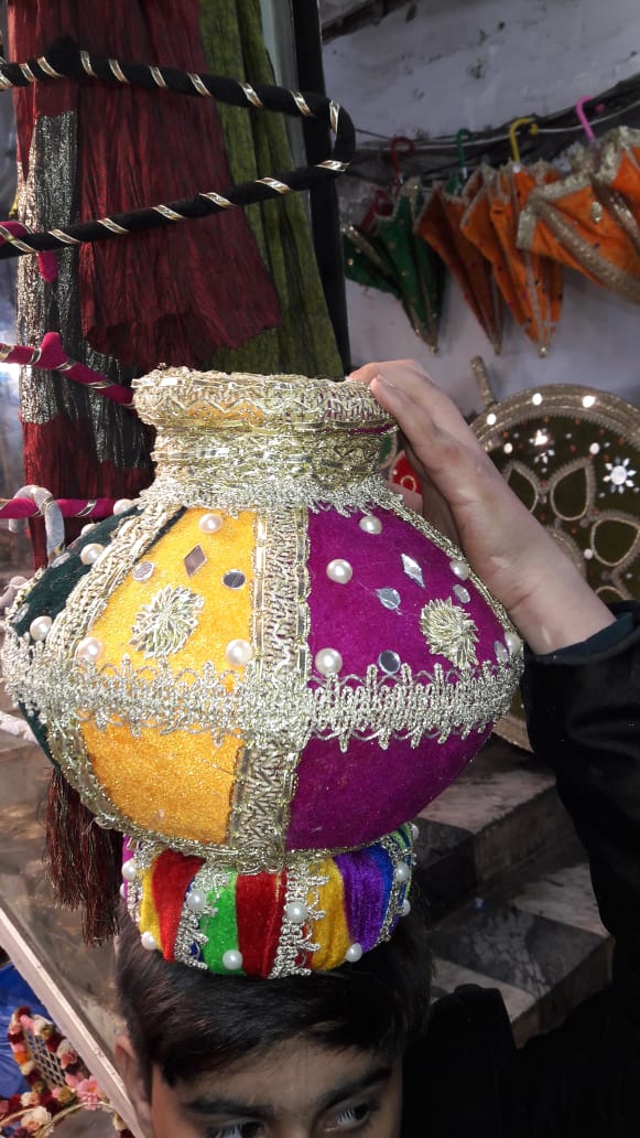 Title: Handcrafted Multicolor Velvet Wedding Matki / Jaago Pot | Traditional Mehndi & Sangeet Decor