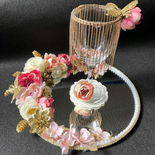 Handcrafted Floral Mirror Tray with Decorated Milk Glass | Doodh Pilai Ceremony Set
