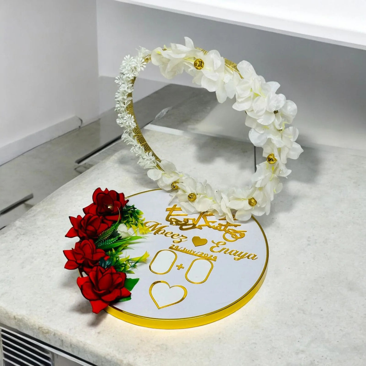 Title: Personalized Wedding Ring Platter with Floral Arch Decor