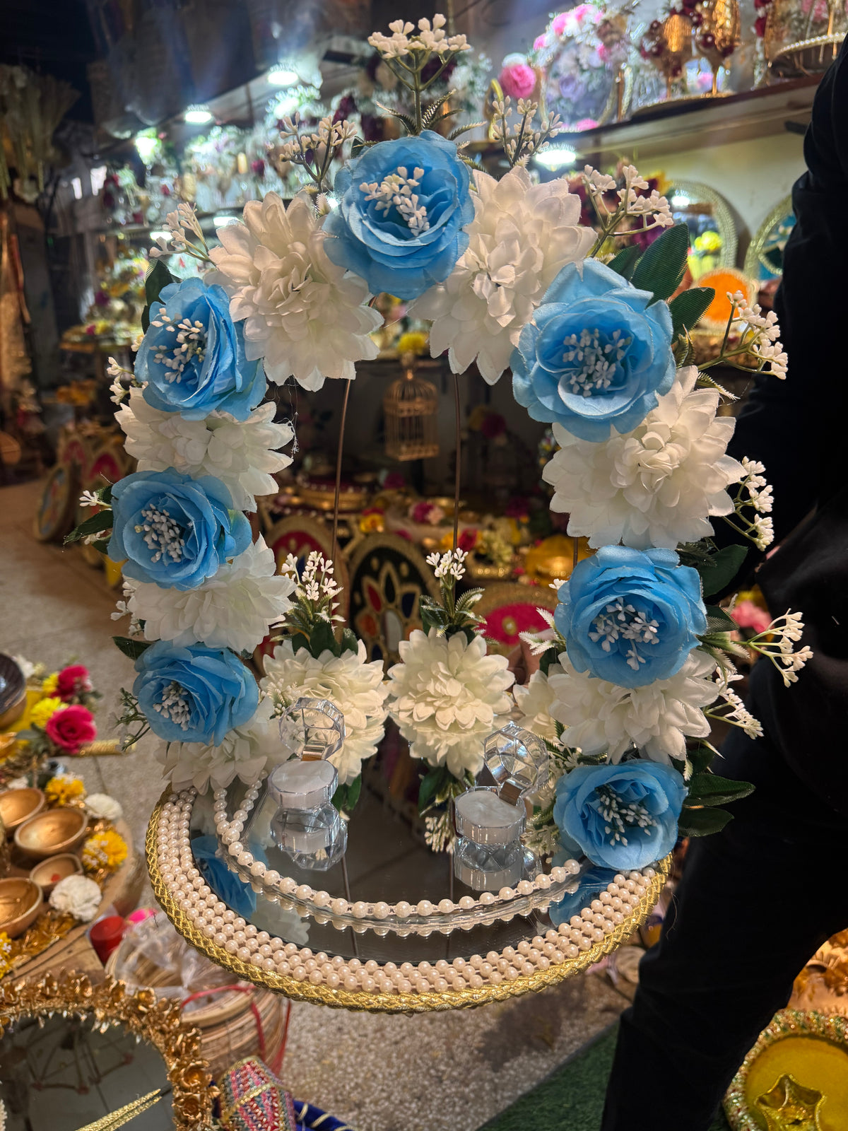 Handcrafted Floral Engagement Ring Tray | Blue & White Mirror Ring Platter with Ring Boxes