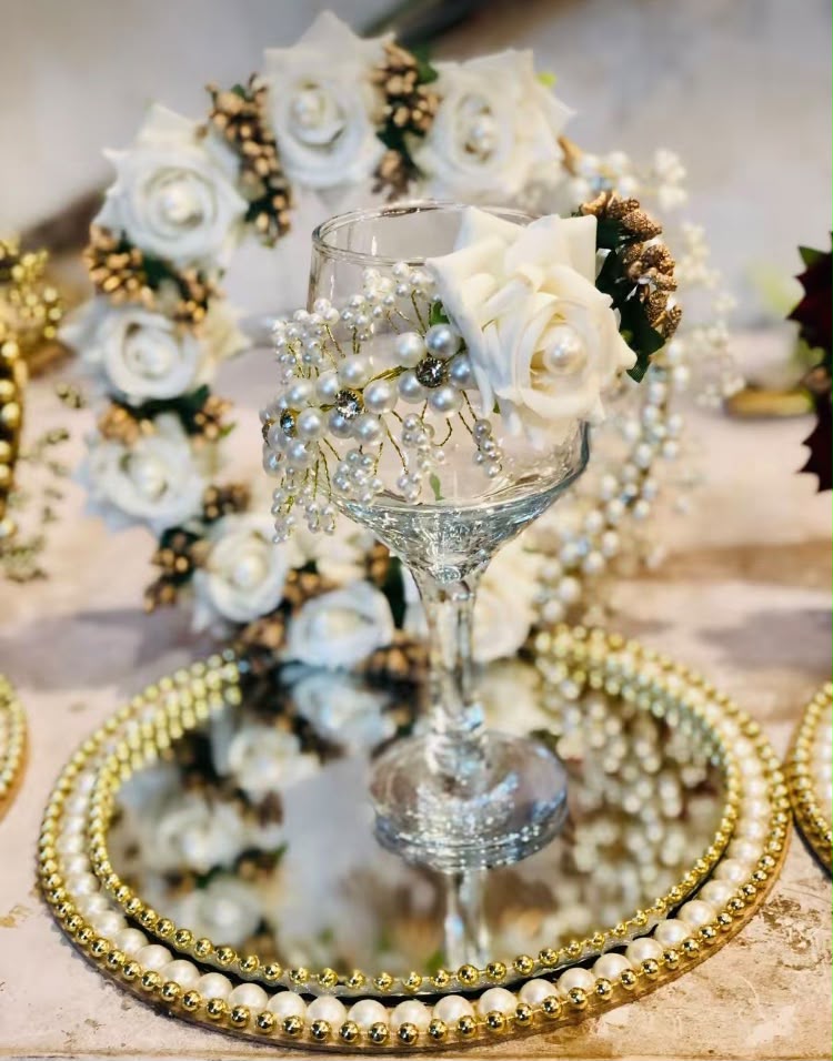 Elegant Pearl & White Floral Doodh Pilai Glass with Mirrored Base